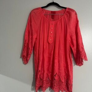 V. Cristina Coral Red Cotton Silk Embroidered Crochet Lace Tunic Top Large Boho